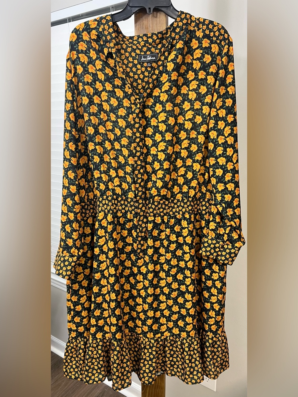 Sam Edelman Black Dress with Yellow Floral Print, Long Sleeve